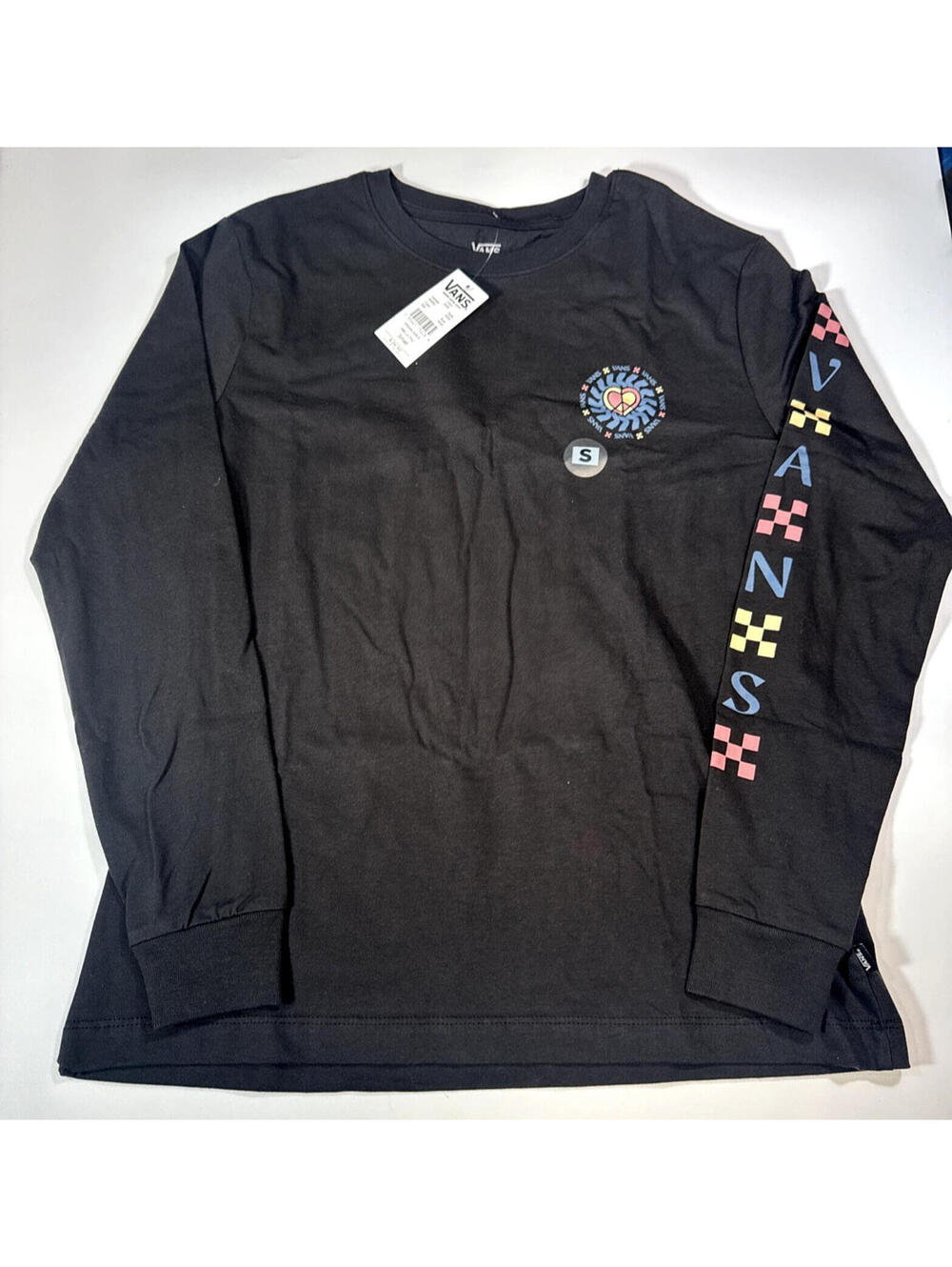 Vans Women's Small La Paz Black Checker Peaceful Crew Neck T-Shirt Long Sleeve
